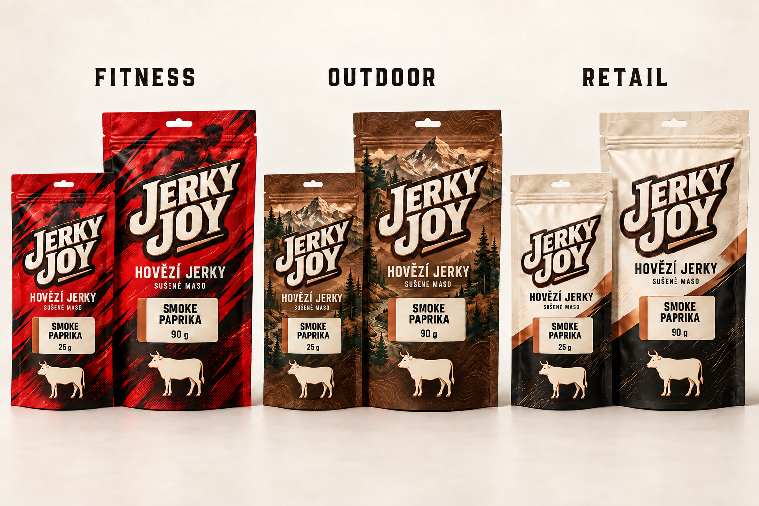 Schválené obaly hovězího Jerky Joy: červené Fitness, hnědé Outdoor a světlé Retail, balení 25 a 90 gramů
