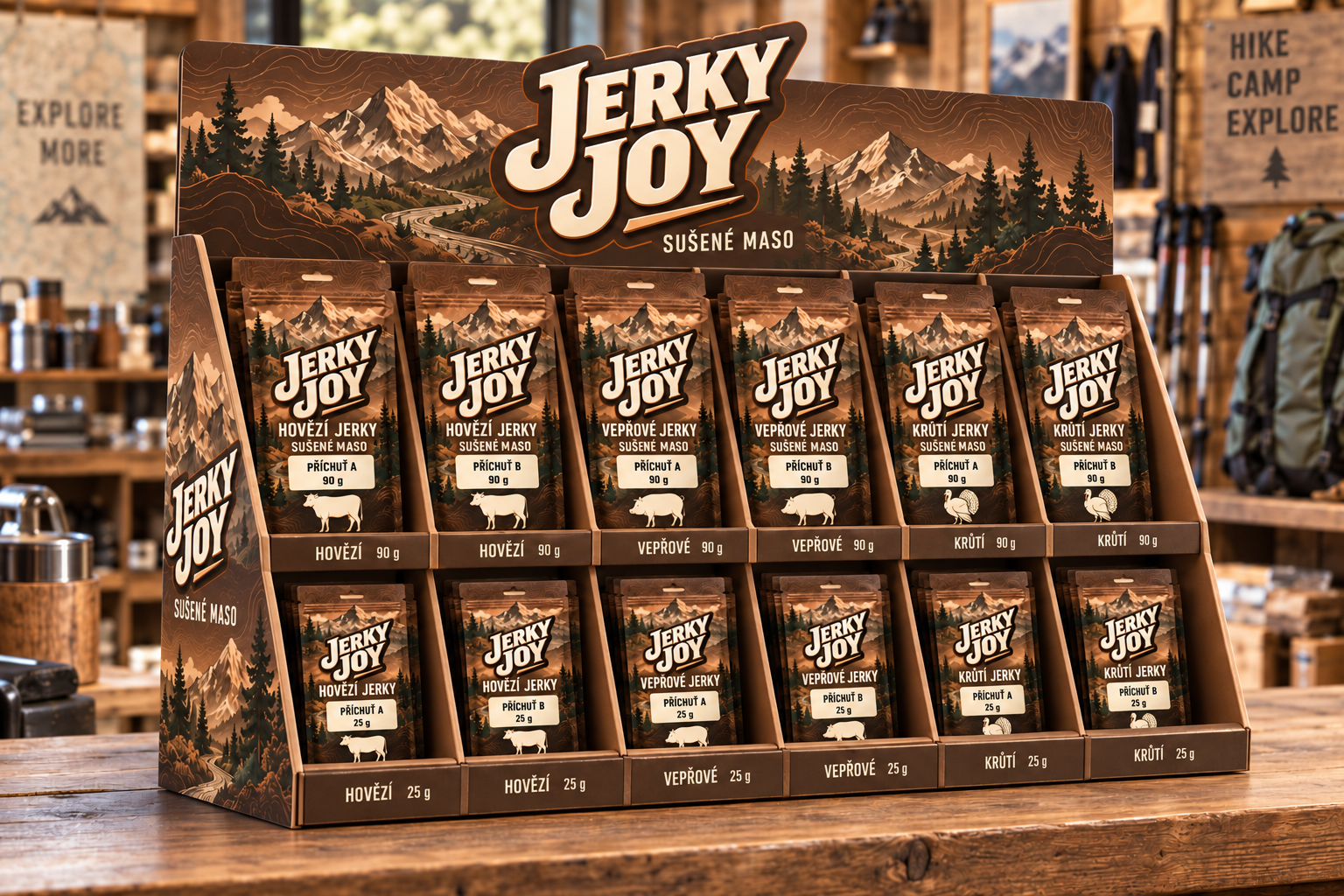 Outdoorový prodejní stojan Jerky Joy s horami, lesem a řekou; balení 90 g nahoře a 25 g dole